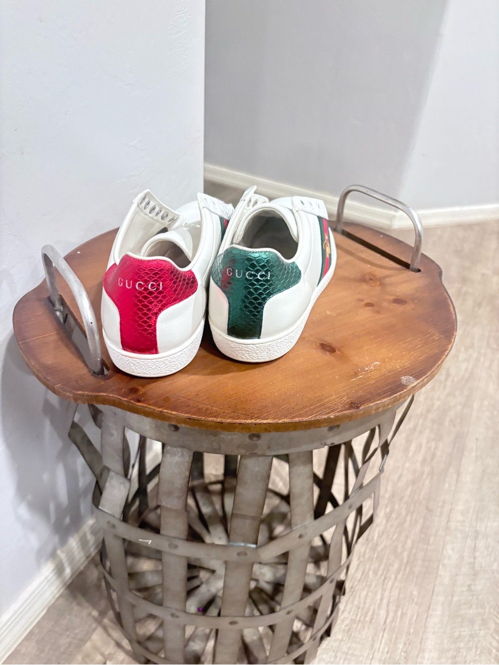 Gucci adult White Leather Sneakers with Red & Green Heel Tabs